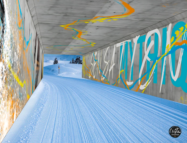 Fresque ski tunnel Monumental en béton intérieur