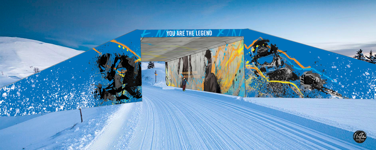 Creation of a fresco, a monumental work for concrete tunnels in the Alps. Special Ski and Olympic Games.